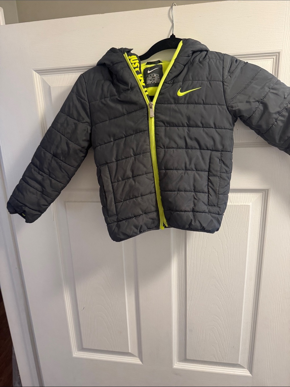 Nike Kids Gray Puffer Jacket with Neon Yellow Accents